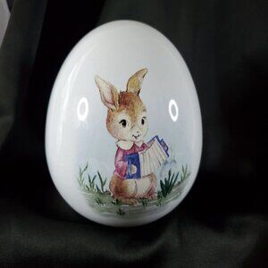 VTG Decorative Ceramic Egg With Easter Bunny Playing Accordion 6.5" Tall 4" Wide